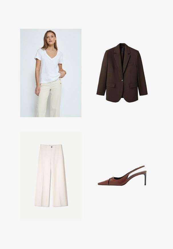 Brun blazer med klapkrave, enkelt knaplukning, to frontlommer og en brystlomme. Fremstillet i glat stof med en skræddersyet design.; Desires DEDANNON TEE - T-shirts basic - white; Cremefarvede bukser med bred benvidde og skræddersyet design, der har to forlommer og en enkelt frontknaplukning, lavet af et glat stof.; Brun læder slingback hæl med spids tå, udskæring ved vampen og en elegant stiletto hæl. Glat tekstur.