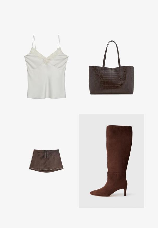 Brown blazer with a notched lapel, single button closure, two front pockets, and a chest pocket. Made from smooth fabric, featuring a tailored design.; White satin camisole with lace detailing along the V-neckline, featuring thin adjustable straps and a smooth texture.; Brown faux suede mini skirt with a front lace-up detail and silver studs along the hem. Smooth texture, A-line shape, and short length.; Brown suede knee-high boot with a pointed toe and a stiletto heel. Smooth texture and minimal design. No visible hardware or accents.; Brown crocodile-textured tote bag with two sturdy straps, rectangular shape, and smooth glossy finish; features a central seam detail.