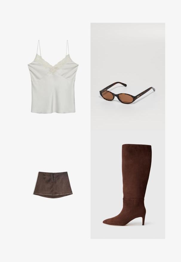 Blazer marrone con rever a punta, chiusura con un bottone, due tasche frontali e una tasca sul petto. Realizzato in tessuto morbido, con un design su misura.; Camisola in satin bianco con dettagli in pizzo lungo il collo a V, dotata di spalline sottili e regolabili e una texture liscia.; Mini gonna in finta suede marrone con dettagli in pizzo frontale e borchie argentate lungo l'orlo. Texture liscia, forma ad A e lunghezza corta.; Stivale marrone in suede, alto fino al ginocchio, con punta affusolata e tacco a stiletto. Texture liscia e design minimale. Nessun hardware o accessori visibili.; Occhiali da sole ovali tartarugati con lenti marroni, inclinati per mostrare il logo "QUAY" sulla tempia destra su uno sfondo semplice.; Borsa tote in pelle marrone effetto coccodrillo con due manici robusti, forma rettangolare e finitura lucida e liscia; presenta un dettaglio centrale a cucitura.