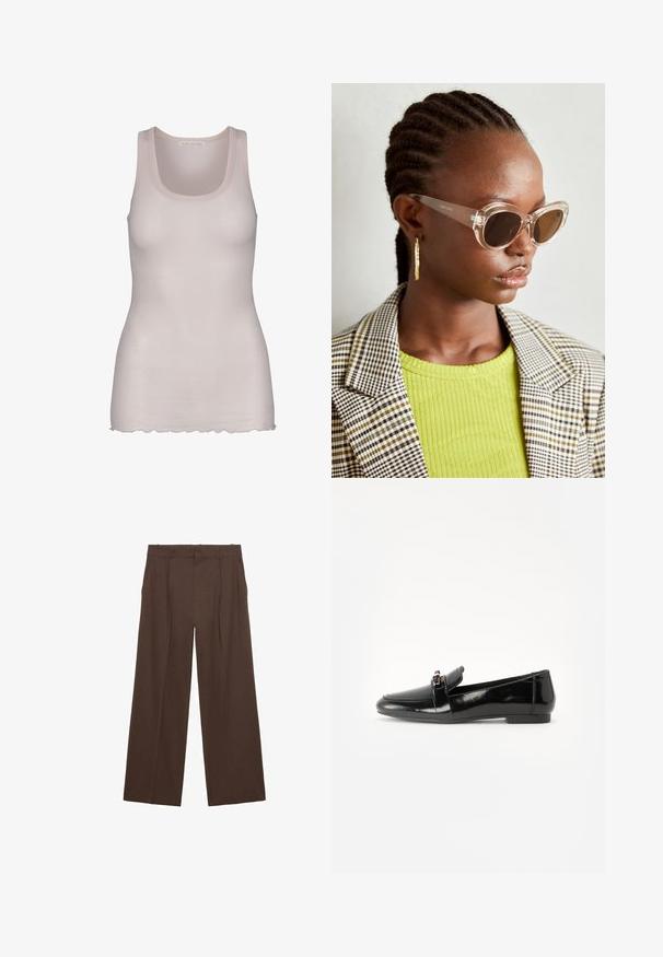 Ruskea bleiseri, jossa on viistetty kaulus, yksittäinen napin suljenta, kaksi etutaskua ja rintatasku. Valmistettu sileästä kankaasta, joka sisältää muotoiltua suunnittelua.; Vaaleanpunainen hihaton paita, joka on valmistettu tasaisesta kankaasta. Siinä on pyöreä kaula-aukko, leveät hihnat ja hieman sahalaitaiset helmaket.; Ruskeat leveälahkeiset housut, jotka on valmistettu sileästä kankaasta. Niissä on korkea vyötärö, etusilkkukkeet ja kaksi sivutaskua.; Mustat kiiltonahka loafarit, joissa on tasapohja, pyöristetty kärki ja koristeellinen nauha kultasävyisellä yksityiskohdalla. Sujuva, kiiltävä pinta.; Selkeät kissamaiset aurinkolasit ruskeilla linsseillä ja kirkkailla kehyksillä. Mallilla on yllä vihreä ribattu paita ja ruudullinen bleiseri. Kultaiset renkaita korvakorut.