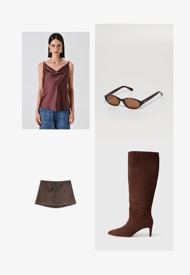 Bruine blazer met een opstaande revers, enkele knoopsluiting, twee zijzakken en een borstzak. Gemaakt van gladde stof, met een getailleerd ontwerp.; Mouwloze top met cowl-hals in donker bordeaux satijn, met een gladde textuur en een ontspannen pasvorm. Gedirigeerd met blauwe denim broek.; Bruine faux suede mini rok met een front lace-up detail en zilveren studs langs de zoom. Glad oppervlak, A-lijn vorm en korte lengte.; Bruine suède laars tot de knie met een spitse neus en een stilettohak. Gladde textuur en minimaal ontwerp. Geen zichtbare hardware of accenten.; Schildpad ovale zonnebril met bruine lenzen, gekanteld om het "QUAY" logo op de rechter poot tegen een effen achtergrond te laten zien.; Bruine tote bag met krokodillenstructuur, met twee stevige handvatten, rechthoekige vorm en een gladde glanzende afwerking; voorzien van een centrale naaddetail.