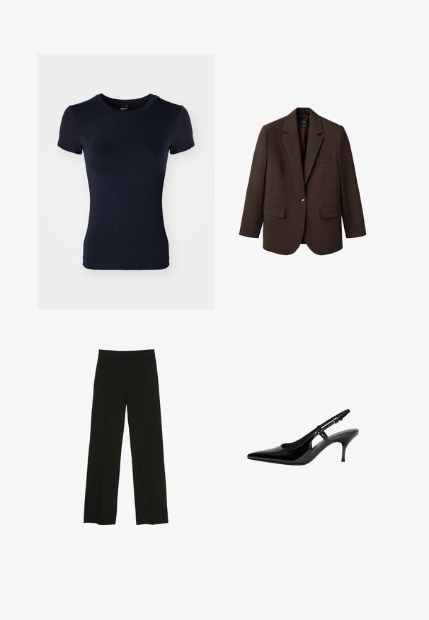 Hnedý blejzer s klopou, jedným gombíkom, dvomi prednými vreckami a vreckom na hrudi. Vyrobený z hladkej látky s prešívaným dizajnom.; Námornícka modrá polokošela s krátkym rukávom vyrobená z hladkého, elastického materiálu. Vyznačuje sa okrúhlym výstrihom a priliehavým strihom. Bez vzorov alebo akcentov.; Čierne široké nohavice vyrobené z hladkej tkaniny, so priliehavým pásom a jemnými prednými záhybmi pre zvýšenie textúry.; Čierne lakované lodičky na podpätku so špicatou špičkou, otvorenými bokmi, štíhlým podpätkom a nastaviteľným remienkom okolo členka.