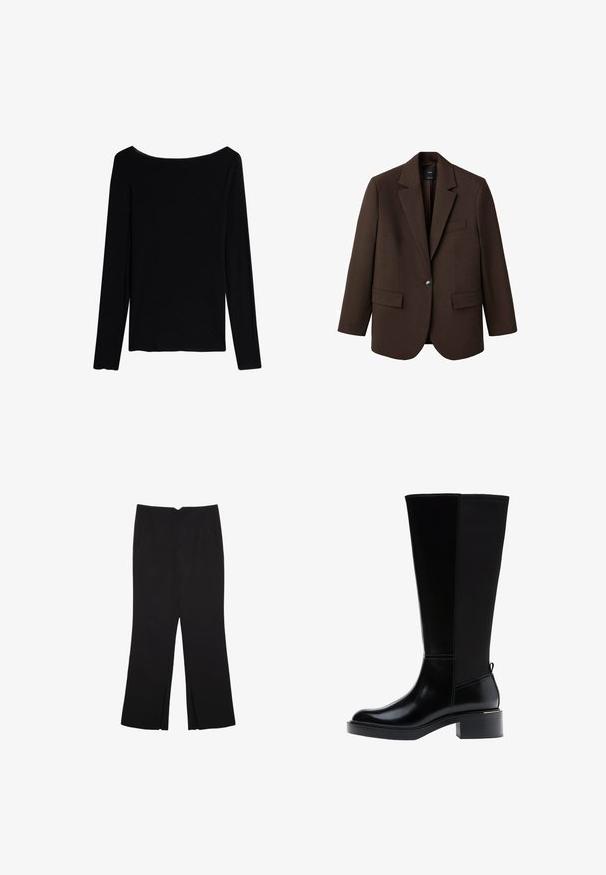 Brun blazer med klapkrave, enkelt knaplukning, to frontlommer og en brystlomme. Fremstillet i glat stof med en skræddersyet design.; Intimissimi CHRISTMAS - Langærmet T-shirt - black; Sorte bukser med lige pasform, der har frontlommer og slidser i kanten. Lavet af blødt, glat stof. Velegnet til forskellige anledninger.; Sort knæhøj støvle med glat læderfinish, tydelig syning, en klodset hæl og en struktureret bagpanel for ekstra interesse.