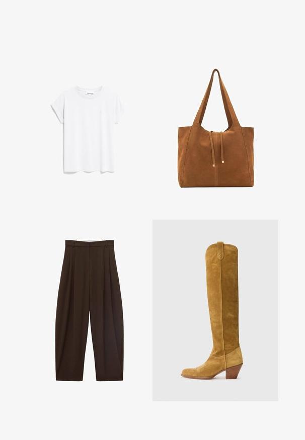 Bruine blazer met een opstaande revers, enkele knoopsluiting, twee zijzakken en een borstzak. Gemaakt van gladde stof, met een getailleerd ontwerp.; ARMEDANGELS IDAARA - T-shirt basic - white; Bruine high-waisted broek met plooien, gemaakt van soepel materiaal. Loose fit, rechte pijpen, met riemlussen en een ritsluiting.; Polo Ralph Lauren Cowboy-/Bikerlaarzen - caramel; Bruine suède schoudertas met twee lange hengsels, trekkoordsluiting en minimalistisch ontwerp. Gladde textuur en geen zichtbare hardware-accenten.
