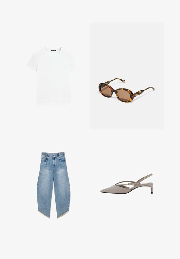 Blazer marrone con rever a punta, chiusura con un bottone, due tasche frontali e una tasca sul petto. Realizzato in tessuto morbido, con un design su misura.; T-shirt bianco a maniche corte realizzato in morbido cotone, con scollatura rotonda e un fit rilassato con dettagli orlo arrotolato. Senza fantasie né accenti.; Jeans in denim azzurro con vita elastica, forma leggermente svasata, orlo grezzo e due tasche frontali.; Tacchi slingback beige con punta affusolata, sottili cinturini incrociati e tacco a stiletto corto. Tessuto liscio con inserti in hardware dorato.; CHLOÉ Occhiali da sole - havana