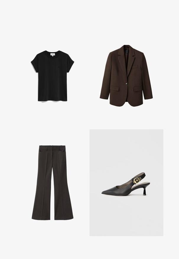 Blazer marrone con rever a punta, chiusura con un bottone, due tasche frontali e una tasca sul petto. Realizzato in tessuto morbido, con un design su misura.; ARMEDANGELS IDAARA - T-shirt basic - black; Pantaloni neri a zampa d'elefante con vita alta; presentano due tasche frontali e una texture del tessuto liscia. Adatti per varie occasioni.; Scarpa con tacco alto e slingback nera, con punta affilata, finitura in pelle liscia e un accento in metallo dorato sulla fibbia della cinturino.