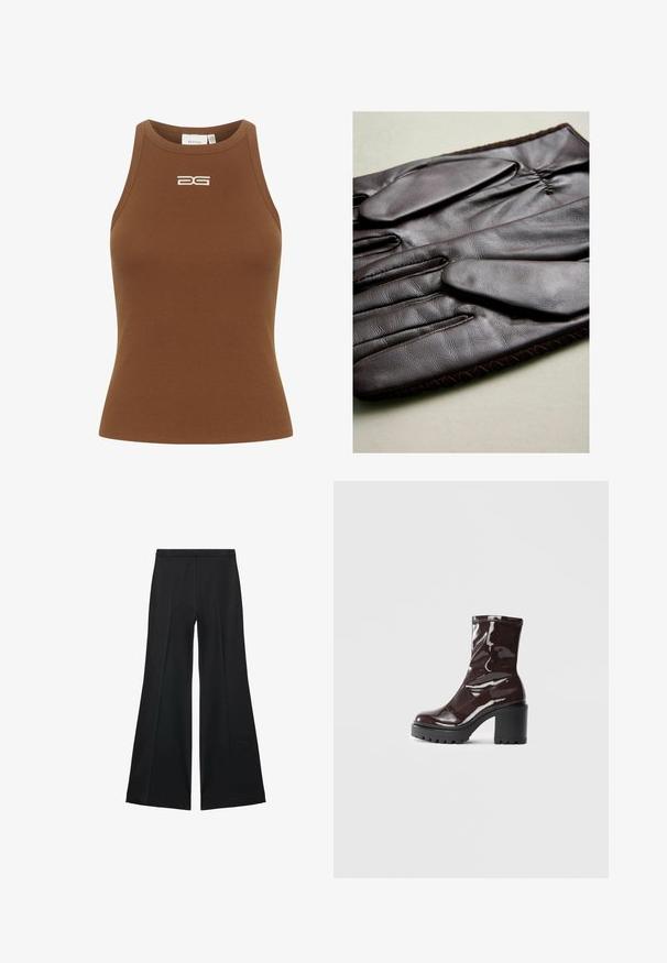 Rjav blazer s spodnjim ovratnikom, enojnim gumbom, dvema sprednjima žepoma in žepom na prsih. Narejen iz gladkega materiala in ima krojen dizajn.; Gestuz DREW LOGO TANK - Top - sorrel horse; Črne široke hlače z gladko teksturo, ki imajo sprednje nabore in kroj po meri. Tkanina je lahka in zračna.; Sijajan škrlatank z bleščečim videzom, z masivnim črnim peto, ki se ponaša z gladko teksturo in preprostim dizajnom. Brez vidnih zapenjal ali vzorcev.; Rjave usnjene rokavice z gladko teksturo, ki imajo pet prstov, elastičen zapestje in dekorativno šivanje ob robu.