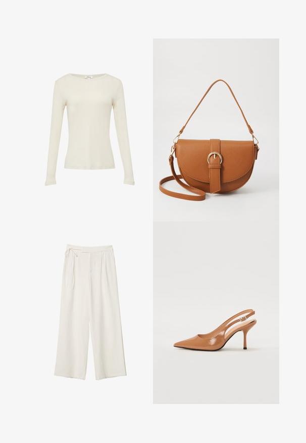 Brauner Blazer mit Reverskragen, einem einreihigen Knopfverschluss, zwei vorderen Taschen und einer Brusttasche. Hergestellt aus glattem Stoff, mit taillierter Passform.; Langarmshirt in Creme, aus weichem Material, mit Rundhalsausschnitt und figurbetontem Schnitt, ohne Muster oder Verzierungen.; Weite Hosen aus elfenbeinfarbenem Stoff mit glatter Textur. Verfügt über einen gebundenen Bund und einen gefalteten Vorderteil, konzipiert für eine entspannte Passform.; Spitz zulaufender Slingback-Absatz aus einem glatten, glänzenden, tanfarbenen Material. Mit einem geschwungenen Ausschnitt-Design und einem schlanken Stiletto-Absatz. Silberne Schnallendetails.; Braune Leder-Crossbody-Tasche mit geschwungener Form, goldfarbenen Beschlägen und einer Schnallenakzentuierung. Verfügt über einen abnehmbaren Schultergurt.