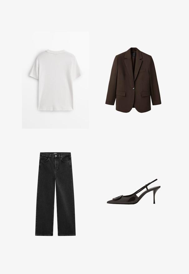 Brun kavaj med slag, enknapplåsning, två framfickor och en bröstficka. Tillverkad av ett slätt tyg och har en skräddarsydd design.; Vit bomulls-T-shirt med korta ärmar, rund halsringning och slät textur. Baksidan är enfärgad utan några extra mönster eller design.; Bredbenta svarta denimjeans med ett subtilt vertikalt randmönster, med femfickorsdesign och en klassisk knäppning i midjan.; Svart lackläder slingback-sko med spetsig tå, minimalistisk design, liten cirkulär accent på framfoten och smal klack.