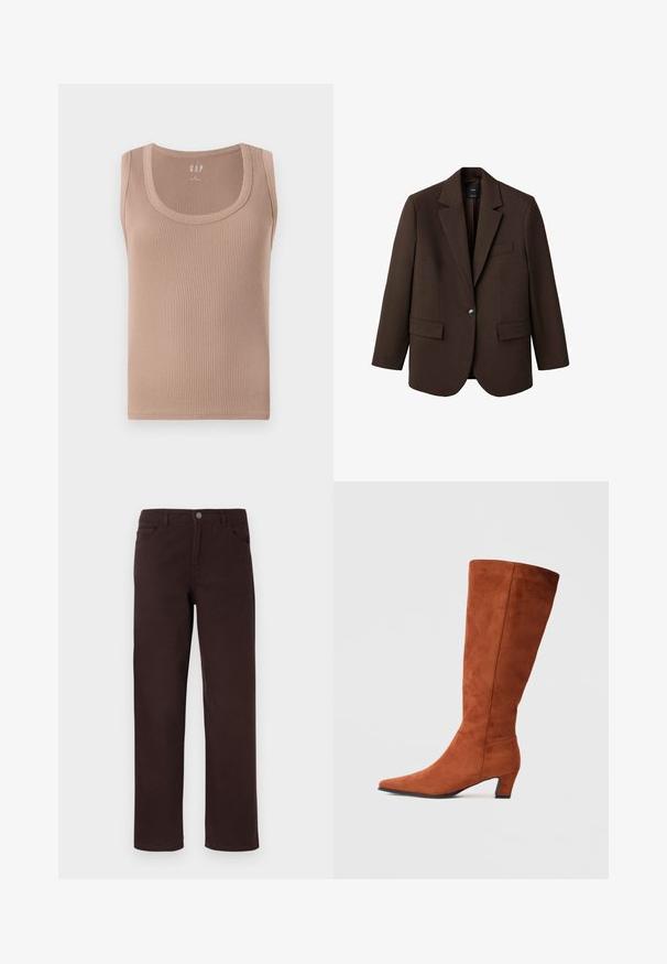 Brown blazer with a notched lapel, single button closure, two front pockets, and a chest pocket. Made from smooth fabric, featuring a tailored design.; Ribbed, sleeveless tank top in a soft beige tone. Features a round neckline and a fitted silhouette with smooth edges.; Brown cotton pants with a straight-leg design, two front pockets, and a button closure at the waistband. Smooth texture with no visible patterns.; Brown suede knee-high boot with a pointed toe and a small block heel, featuring a smooth texture and minimalistic design.
