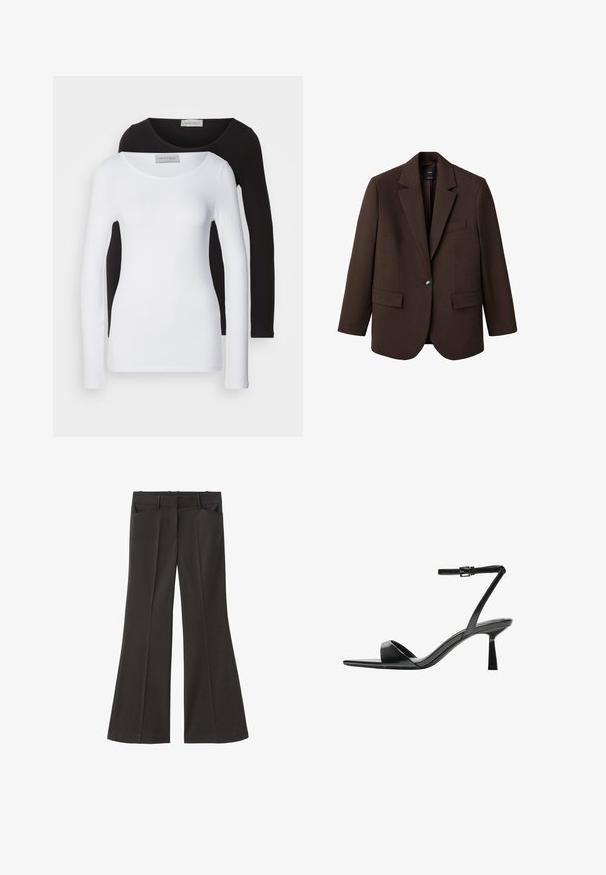 Sacou maro cu rever în formă de V, închidere cu un singur nasture, două buzunare frontale și un buzunar pe piept. Fabricat dintr-un material neted, având un design ajustat.; Tricouri cu mânecă lungă din bumbac alb și negru, cu decolteu rotund și un design ajustat. Eticheta este vizibilă la gât.; Pantaloni evazați negri, cu talie înaltă; au două buzunare frontale și o textură de stofă netedă. Potriviți pentru diverse ocazii.; Bershka Sandale cu toc - black