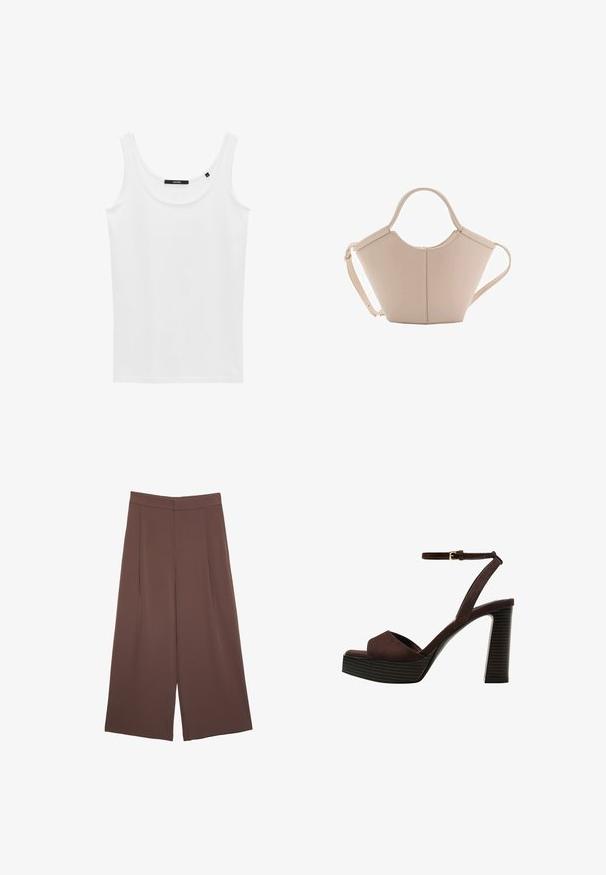 Blazer marrone con rever a punta, chiusura con un bottone, due tasche frontali e una tasca sul petto. Realizzato in tessuto morbido, con un design su misura.; Canotta bianca realizzata in tessuto liscio, con scollatura rotonda e spalline larghe. Design semplice senza motivi o accenti visibili.; Pantaloni ampi marroni con una texture liscia, caratterizzati da una vita alta e pieghe frontali. Il tessuto è leggero e scorre liberamente.; Sandal in camoscio marrone con tacco alto, punta aperta, cinturino alla caviglia regolabile e suola a piattaforma striata.; Borsa in pelle beige con una forma unica, caratterizzata da due manici corti e una lunga tracolla regolabile. Texture liscia con hardware minimale.