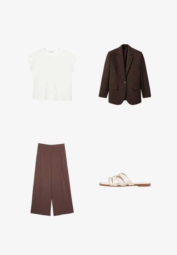 Blazer marrone con rever a punta, chiusura con un bottone, due tasche frontali e una tasca sul petto. Realizzato in tessuto morbido, con un design su misura.; T-shirt bianco a maniche corte con scollatura rotonda, texture morbida e vestibilità rilassata. L'orlo leggermente curvo aggiunge un tocco informale.; Pantaloni ampi marroni con una texture liscia, caratterizzati da una vita alta e pieghe frontali. Il tessuto è leggero e scorre liberamente.; Infradito con suola in gomma color talpa, progettate con tre cinturini in pelle bianca sovrapposti e un piccolo dettaglio a fiocco al centro.