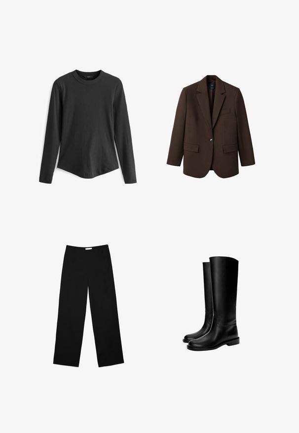Brauner Blazer mit Reverskragen, einem einreihigen Knopfverschluss, zwei vorderen Taschen und einer Brusttasche. Hergestellt aus glattem Stoff, mit taillierter Passform.; Schwarz langärmliges T-Shirt aus geripptem Fabric. Hat einen Rundhalsausschnitt und einen leicht abgerundeten Saum am unteren Ende.; Schwarzfarbene weite Hosen aus einem glatten Stoff, mit einem schlichten Design und einem dezenten seitlichen Reißverschluss zum Verschließen.; Schwarze knielange Lederstiefel mit glatter Textur, runder Zehenform, flacher Sohle und minimalistischem Design, mit genähten Nähten und ohne sichtbare Beschläge.