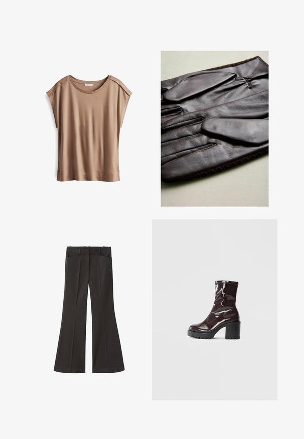 Bruine blazer met een opstaande revers, enkele knoopsluiting, twee zijzakken en een borstzak. Gemaakt van gladde stof, met een getailleerd ontwerp.; Bruine top met korte mouwen en een zachte, gladde textuur. Heeft een ronde halslijn en subtiele schoudernaaddetails.; Zwarte flared broek met een hoge taille; beschikt over twee voorkeurszakken en een gladde stoftextuur. Geschikt voor verschillende gelegenheden.; Glanzende bordeauxrode enkelboot met een chunky zwarte hak, met een gladde textuur en een eenvoudig ontwerp. Geen zichtbare sluitingen of patronen.; Bruine leren handschoenen met een gladde textuur, voorzien van vijf vingers, een elastische pols en decoratieve stitching langs de rand.
