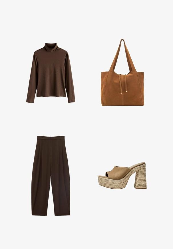 Brun blazer med klapkrave, enkelt knaplukning, to frontlommer og en brystlomme. Fremstillet i glat stof med en skræddersyet design.; Brun langærmet turtleneck-top lavet af ribbet stof; har en høj, foldet krave og en afslappet pasform med lige kant.; Brune højtaljede bukser med folder, lavet af glat stof. Løs pasform, straight leg design, med bæltestropper og lynlås.; Brune ruskinds platformmules med åben tå, der har en chunky flettet jutehæl og et glat, rundet overdesign.; Brun ruskinds-tote med to lange stropper, snørelukning og minimalistisk design. Glat tekstur og ingen synlige hardware-detaljer.