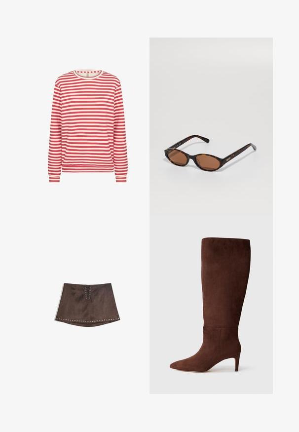 Sacou maro cu rever în formă de V, închidere cu un singur nasture, două buzunare frontale și un buzunar pe piept. Fabricat dintr-un material neted, având un design ajustat.; Cămașă cu mânecă lungă, cu dungi orizontale roșii și albe, gât rotund și manșete ajustate, pe un fundal alb simplu.; Fustă mini din suede artificial maro, cu detaliu de șnur în față și studs argintii de-a lungul tivului. Textură netedă, formă în A și lungime scurtă.; Cizme înalte din suede maro, cu vârf ascuțit și toc stiletto. Textură netedă și design minimalist. Fără feronerie sau accente vizibile.; Ochelari de soare ovali din tortoishell cu lentile maro, înclinați pentru a arăta logo-ul "QUAY" de pe templul din dreapta, pe un fundal simplu.; Geantă tote cu textură de crocodil maro, cu două bretele solide, formă rectangulară și finisaj lucios neted; are un detaliu central cu cusătură.