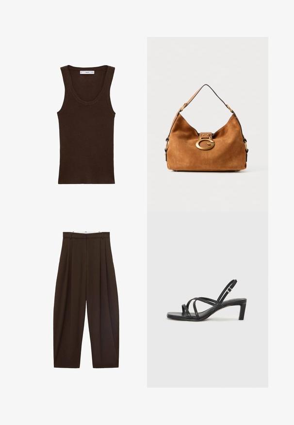 Rjav blazer s spodnjim ovratnikom, enojnim gumbom, dvema sprednjima žepoma in žepom na prsih. Narejen iz gladkega materiala in ima krojen dizajn.; Mango RIRIN - Top - brown; Rjave hlače visoke pasu s pregibi, narejene iz gladkega materiala. Ohlapen kroj, ravne nogavice, z zankami za pas in zadrgo.; Črne natikače s trakovi in kvadratnim prstom ter nizkim blokastim peto. Imajo več tankih trakov in nastavljiv trak okoli gležnja. Narejene so iz gladkega usnja.; Rjava nubuk torbica za ramo z zaobljeno obliko, z zlatim dodatkom za zapiranje in kontrastnim črnim robom. Ima enojni naramni trak za nošenje.