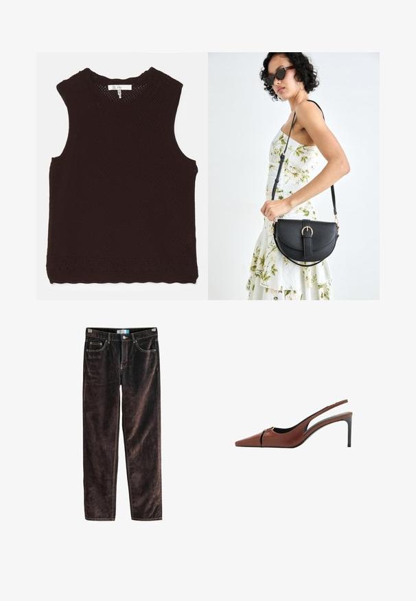 Bruine blazer met een opstaande revers, enkele knoopsluiting, twee zijzakken en een borstzak. Gemaakt van gladde stof, met een getailleerd ontwerp.; Bruine, mouwloze top met een textuur en een open gebreid ontwerp en een scalloped halslijn; heeft decoratieve stiksels langs de zoom.; Bruine corduroy rechte broek met vijf zakken, contrasterende stiksels en een knoopsluiting bij de taille. Zachte textuur met een geribbeld patroon.; Bruine leren slingback hakken met een spitse neus, uitsnijding bij de bovenkant en een elegante stilettohak. Glad oppervlak.; Zwarte leren handtas met een gebogen vorm, afneembare schouderband en gouden hardware. De tas heeft een klep met een gespsluiting.