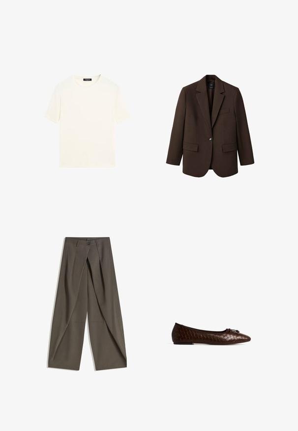 Bruine blazer met een opstaande revers, enkele knoopsluiting, twee zijzakken en een borstzak. Gemaakt van gladde stof, met een getailleerd ontwerp.; Effen wit T-shirt met korte mouwen en ronde hals met een zwart etiket bij de kraag, plat gelegd op een witte achtergrond.; Wijdvallende broek gemaakt van een gestructureerde, donkergrijze stof. Heeft een voorplooien, een knopenluiting en zijzakken voor praktische doeleinden.; Bruine gevlochten leren ballerina met een ronde neus, decoratieve strik en platte zool. De gestructureerde oppervlakte biedt een subtiel patronen detail.