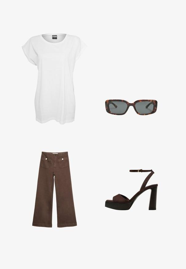 Brun blazer med klapkrave, enkelt knaplukning, to frontlommer og en brystlomme. Fremstillet i glat stof med en skræddersyet design.; Hvid kortærmet t-shirt lavet af bomuld, med en afslappet pasform, bred halsudskæring og minimalistisk design uden mønstre eller accenter.; Brune bredbenede bukser lavet af bomuld, med to forlommer med sølvknapper og en glat tekstur.; Brune ruskinds højhælede sandal med åben tå, justerbar ankelrem og en stribet plade sål.; Skildpaddedesolbriller med rektangulære linser, tykke stel og mørkt tonede linser. Glat tekstur og minimalistisk design.