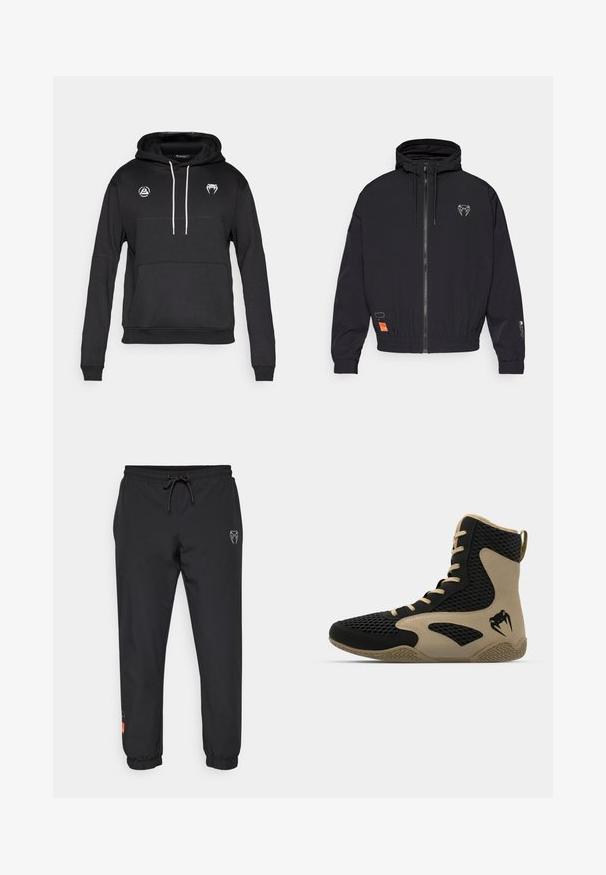Czarna kurtka zapinana na zamek z kapturem, elastycznymi mankietami i sznurkiem. Posiada logo na klatce piersiowej oraz pomarańczową metkę z boku.; Czarna bluza z kapturem z kieszenią kangurką, białymi sznurkami i dwoma logo na klatce piersiowej. Wykonana z miękkiego, teksturowanego materiału.; Czarny t-shirt z krótkim rękawem, wykonany z bawełny, o subtelnej teksturze. Posiada frontową kieszeń o prostokątnym kształcie z detalem logo.; Czarne spodnie dresowe wykonane z lekkiego materiału, z elastycznym pasem w talii z sznurkiem, zwężającymi się nogawkami i akcentami logo z przodu.; Wysokie buty sportowe z czarną siateczkową powierzchnią i beżowymi akcentami. Teksturowana gumowa podeszwa i detal logo po boku.