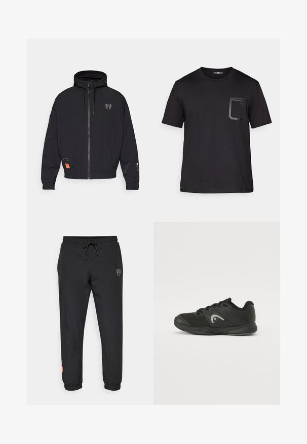 Casaco preto com fecho éclair e capuz, punhos elásticos e cordão. Apresenta um logótipo no peito e uma etiqueta laranja de lado.; T-shirt preta de manga curta feito de algodão com uma textura subtil. Apresenta um bolso frontal com um design retangular e detalhe do logo.; Calças de corrida pretas feitas de material leve, com um cós elástico com cordão, pernas estreitas e detalhes de logótipo na frente.; Sapatilha atlética preta feita de malha e materiais sintéticos, com um design texturizado, sola de borracha e um logótipo distinto em cinza.