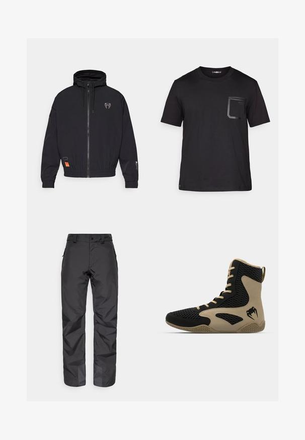 Svart zip-up jakke med hette, elastiske mansjetter og snor. Har et logo på brystet og en oransje etikett på siden.; Svart t-skjorte med korte ermer laget av bomull med en subtil tekstur. Har en frontlomme med rektangulært design og logo-detalj.; Sorte vanntette utendørsbukser med glidelåsede sidelommer og forsterkede ankelpartier, vist på en ensfarget hvit bakgrunn.; Høye idrettssko med svart nettverksutside og beige detaljer. Teksturert gummisåle og logo på siden.