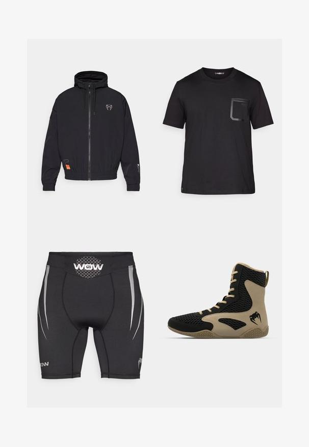 Juodas zip-up džemperis su kapišonu, elastingomis rankovėmis ir šniūromis. Ant krūtinės yra logotipas ir šone oranžinė etiketė.; Juodas trumpas rankovės marškinėliai, pagaminti iš medvilnės su subtilia tekstūra. Pirmame kišenėje yra stačiakampio formos dizainas ir logotipas.; Juodos sportinės trumpos kelnės iš tamprios nailono medžiagos, su sidabrinėmis šoninėmis detalėmis, tinklinio juosmens juosta ir logotipo elementais priekinėje apačioje bei nugaroje.; Aukštesni sportiniai batai, turintys juodą tinklinį paviršių su smėlio spalvos akcentais. Tekstūruota gumos pašiūrė ir logotipo detalė šonėje.