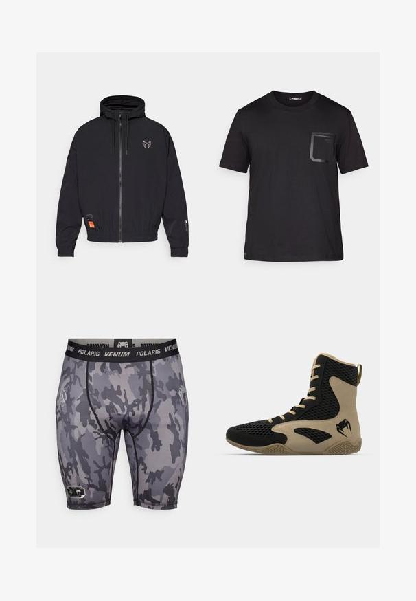 Chaqueta negra con cremallera y capucha, puños elásticos y cordón. Presenta un logotipo en el pecho y una etiqueta naranja en el costado.; Camiseta negra de manga corta hecha de algodón con una textura sutil. Presenta un bolsillo delantero con un diseño rectangular y un detalle del logo.; Pantalones cortos de compresión con camuflaje gris y una pretina negra con el texto "Venum Polaris". Textura suave con costuras reforzadas y detalle del logo.; Zapatilla deportiva de caña alta con un exterior de malla negra y acentos en beige. Suela de goma texturizada y detalle del logotipo en el costado.
