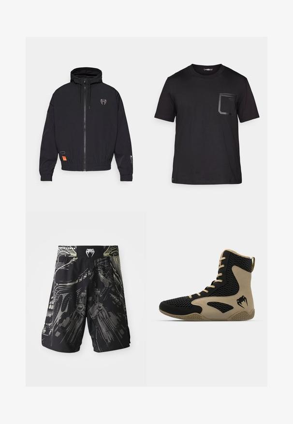 Black zip-up jacket with a hood, elastic cuffs, and a drawstring. Features a logo on the chest and an orange tag on the side.; Black short-sleeve t-shirt made of cotton with a subtle texture. Features a front pocket with a rectangular design and logo detail.; Black shorts with a multi-tonal graphic print featuring mechanical designs. Elastic waistband with a logo at the back. Lightweight fabric.; High-top athletic shoe featuring a black mesh exterior with beige accents. Textured rubber sole and logo detail on the side.