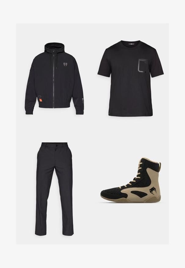 Juodas zip-up džemperis su kapišonu, elastingomis rankovėmis ir šniūromis. Ant krūtinės yra logotipas ir šone oranžinė etiketė.; Juodas trumpas rankovės marškinėliai, pagaminti iš medvilnės su subtilia tekstūra. Pirmame kišenėje yra stačiakampio formos dizainas ir logotipas.; adidas Golf PANT - Kelnės - black; Aukštesni sportiniai batai, turintys juodą tinklinį paviršių su smėlio spalvos akcentais. Tekstūruota gumos pašiūrė ir logotipo detalė šonėje.