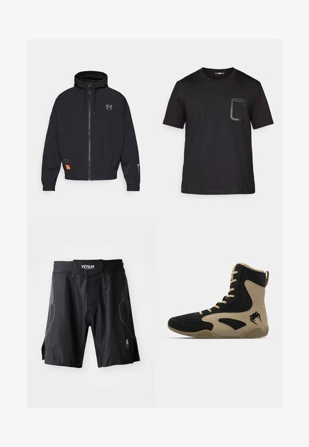 Schwarze Zip-Jacke mit Kapuze, elastischen Bündchen und Kordelzug. Besitzt ein Logo auf der Brust und ein oranges Etikett an der Seite.; Schwarzes T-Shirt mit kurzen Ärmeln aus Baumwolle und einer subtilen Textur. Verfügt über eine vordere Tasche mit rechteckigem Design und Logodetail.; Schwarze Venum-Sportshorts mit breitem Bund, Klettverschluss und dezenten grauen Akzenten an den Seiten und im Unterschenkelbereich.; Hochschuh mit schwarzem Mesh-Obermaterial und beigen Akzenten. Strukturiertem Gummisohle und Logodetail an der Seite.