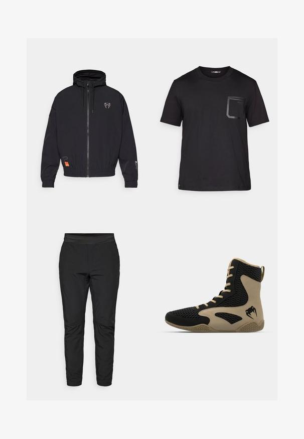 Svart zip-up jakke med hette, elastiske mansjetter og snor. Har et logo på brystet og en oransje etikett på siden.; Svart t-skjorte med korte ermer laget av bomull med en subtil tekstur. Har en frontlomme med rektangulært design og logo-detalj.; Svarte stretchy bukser med en tettsittende design, elastisk midje og glidelåslommer. Jevn tekstur med en svakt skinnende overflate.; Høye idrettssko med svart nettverksutside og beige detaljer. Teksturert gummisåle og logo på siden.
