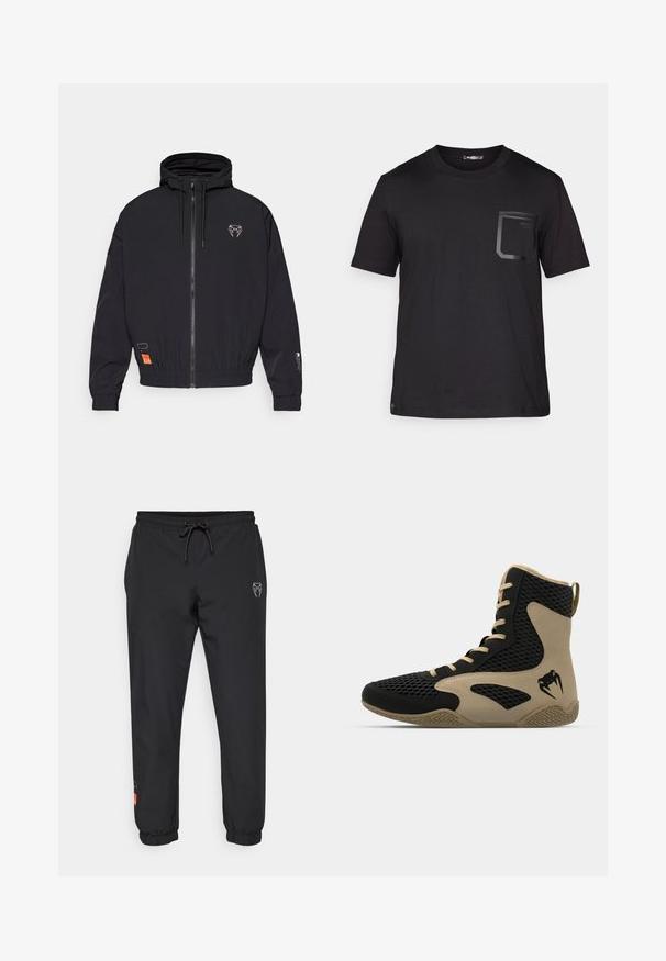Svart zip-up jacka med huva, elastiska ärmslut och dragsko. Har en logotyp på bröstet och en orange etikett på sidan.; Svart kortärmad t-shirt i bomull med en subtil struktur. Har en framficka med en rektangulär design och logodetalj.; Svarta joggerbyxor i lätt material, med elastisk midja och dragsko, smalnande ben och logotypdetaljer framtill.; Högskuren спортивна sko med en svart nätutsida och beige accenter. Texturerad gummisula och logodetalj på sidan.