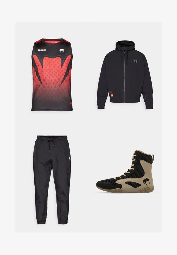 Melnā džaka ar rāvējslēdzēju un kapuci, elastīgām aprocēm un auklu. Uz krūtīm ir logotips un sānā oranža birka.; Melna un sarkana bez piedurknēm sporta tvertne, kurai ir gradienta raksts, sešstūra tekstūra un uzsvērtas melnas detaļas ar logo.; Melnas, vieglas sporta bikses ar elastīgu jostu un šņorēm, sašaurinātiem svārkiem un smalku teksturētu apdari.; Augstas augšas sporta apavi ar melnu sietiņu ārpusi un bežām akcentiem. Strukturēta gumijas zole un logo detalizācija sānos.