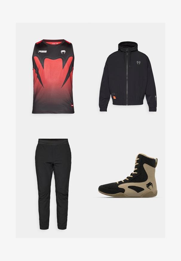 Sort zip-jakke med hætte, elastiske manchetter og snoretræk. Har et logo på brystet og et orange mærke på siden.; Sort og rød ærmeløs atletisk tanktop med et gradientmønster, hexagonal tekstur og dristige sorte detaljer med logoer.; Sorte strækbukser med en tætsiddende pasform, elastisk talje og lynlåslommer. Glat tekstur med en let skinnende finish.; Høj-top atletisk sko med en sort mesh-yderside og beige accenter. Tekstureret gummisål og detaljeret logo på siden.