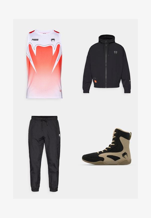 Svart zip-up jakke med hette, elastiske mansjetter og snor. Har et logo på brystet og en oransje etikett på siden.; Ermeløs treningstrøye i hvit og gradient rød, med et geometrisk mønster, rund halslinning og merkevarer på fronten.; Sorte, lette joggebukser i svart med elastisk midje og snøring, smale ben og en subtil teksturert finish.; Høye idrettssko med svart nettverksutside og beige detaljer. Teksturert gummisåle og logo på siden.