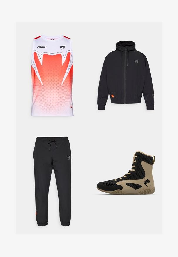 Černá mikina na zip s kapucí, elastickými manžetami a šňůrkou. Na hrudi je umístěno logo a na boku oranžová visačka.; Bezramenné sportovní tričko bílé s gradientním červeným přechodem, s geometrickým vzorem, kulatým výstřihem a logy značky na přední straně.; Černé sportovní kalhoty vyrobené z lehkého materiálu, s elastickým pasem na šňůrku, zúženými nohavicemi a logovými akcenty na přední straně.; Vysoké sportovní boty s černou síťovinou a béžovými akcenty. Texturovaná gumová podrážka a detail loga na boku.