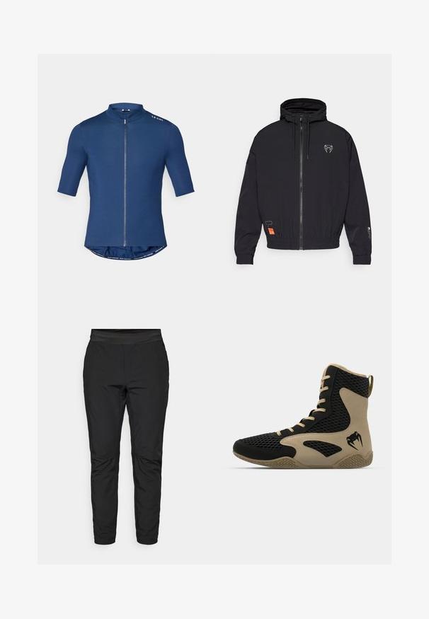 Chaqueta negra con cremallera y capucha, puños elásticos y cordón. Presenta un logotipo en el pecho y una etiqueta naranja en el costado.; Jersey de ciclismo de manga corta en azul marino, con cremallera completa, cuello alto y dobladillo redondeado. Fabricado en un material suave y elástico.; Pantalones de stretch negros con un diseño ajustado, cinturilla elástica y bolsillos con cremallera. Textura suave con un acabado ligeramente brillante.; Zapatilla deportiva de caña alta con un exterior de malla negra y acentos en beige. Suela de goma texturizada y detalle del logotipo en el costado.