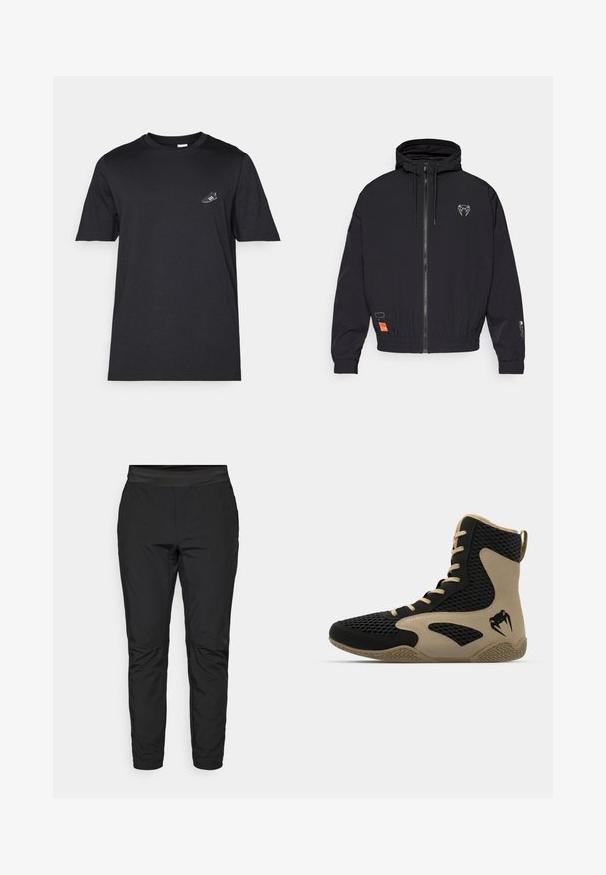 Zwarte zip-jas met een capuchon, elastische manchetten en een trekkoord. Bevat een logo op de borst en een oranje label aan de zijkant.; Zwarte katoenen t-shirt met een ronde hals, korte mouwen en een kleine witte sneakerafbeelding op de linkerkant van de borst. Zachte textuur, normale pasvorm.; Zwarte stretchpants met een aansluitend ontwerp, elastische tailleband en ritszakken. Gladde textuur met een licht glanzende afwerking.; Hoge sportieve schoen met een zwart gaasexterieur en beige accenten. Gestructureerde rubberen zool en logo-detail aan de zijkant.