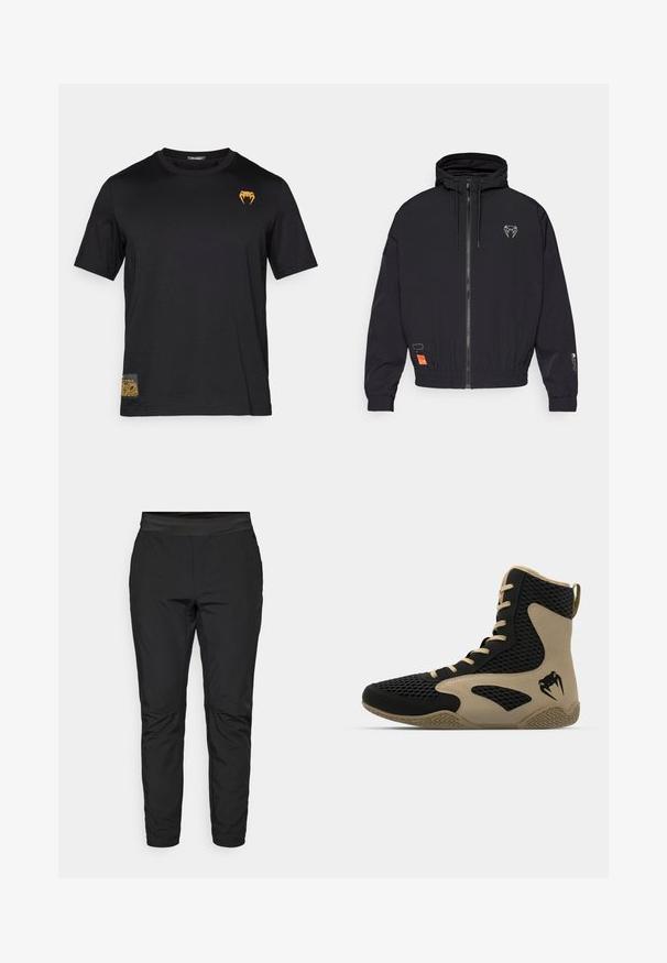 Black zip-up jacket with a hood, elastic cuffs, and a drawstring. Features a logo on the chest and an orange tag on the side.; Black cotton t-shirt with short sleeves, featuring an orange snake logo on the upper left and a patterned accent on the bottom left.; Black stretch pants with a fitted design, elastic waistband, and zippered pockets. Smooth texture with a slightly shiny finish.; High-top athletic shoe featuring a black mesh exterior with beige accents. Textured rubber sole and logo detail on the side.