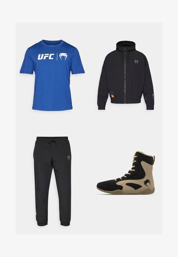 Svart zip-up jakke med hette, elastiske mansjetter og snor. Har et logo på brystet og en oransje etikett på siden.; Kortermet blå t-skjorte laget av bomull, med hvit "UFC" tekst og en logo på forsiden, har rund hals og vanlig passform.; Svarte joggebukser laget av lett materiale, med elastisk midjebånd og snor, taperte ben og logo detaljer foran.; Høye idrettssko med svart nettverksutside og beige detaljer. Teksturert gummisåle og logo på siden.