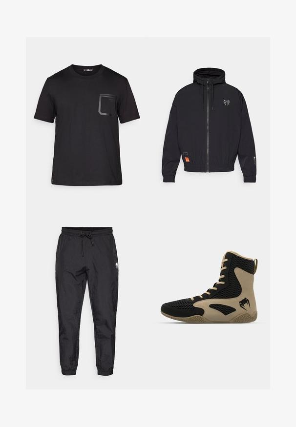 Sort zip-jakke med hætte, elastiske manchetter og snoretræk. Har et logo på brystet og et orange mærke på siden.; Sort kortærmet t-shirt lavet af bomuld med en subtil tekstur. Har en brystlomme med et rektangulært design og logo-detalje.; Sorte, letvægts joggerbukser med elastisk talje og snøre, tapered ben og en subtil tekstureret overflade.; Høj-top atletisk sko med en sort mesh-yderside og beige accenter. Tekstureret gummisål og detaljeret logo på siden.