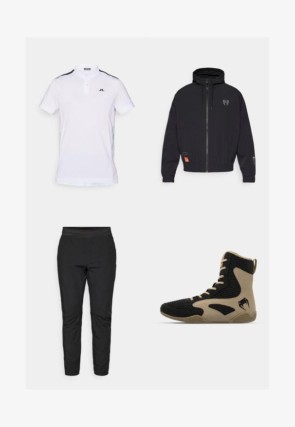 Svart zip-up jakke med hette, elastiske mansjetter og snor. Har et logo på brystet og en oransje etikett på siden.; Hvitt polo skjorte med korte ermer, knapp-krage, og svarte detaljer på skuldrene. Har pustende stoff med jevn tekstur.; Svarte stretchy bukser med en tettsittende design, elastisk midje og glidelåslommer. Jevn tekstur med en svakt skinnende overflate.; Høye idrettssko med svart nettverksutside og beige detaljer. Teksturert gummisåle og logo på siden.