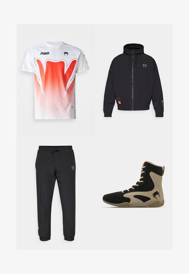 Chaqueta negra con cremallera y capucha, puños elásticos y cordón. Presenta un logotipo en el pecho y una etiqueta naranja en el costado.; Camiseta deportiva blanca con un diseño de degradado que va de blanco a rojo, con un patrón geométrico y un logo negro en el pecho.; Pantalones jogger negros hechos de material ligero, con una cinturilla elástica con cordón, piernas ajustadas y detalles de logo en la parte frontal.; Zapatilla deportiva de caña alta con un exterior de malla negra y acentos en beige. Suela de goma texturizada y detalle del logotipo en el costado.