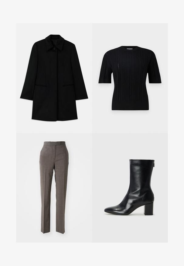 Musta villakangastakki, jossa on etupainike kiinnitys, leveä kaulus ja kaksi sivutaskua. Ominaisuudet suora leikkaus ja sileä tekstuuri.; Filippa K BRAID - Neule - black; Harmaat räätälöidyt housut suoran lahkeen, tekstuuripintaisen kankaan, keskikorkean vyötärön ja kahden etutaskun kanssa. Ei näkyviä kiinnityksiä tai kuvioita.; Musta nahkainen nilkkuri, jossa on terävä kärki ja 4 cm:n lohkokorko. Tyylikäs muotoilu sisältää sivuvetoketjun helppoa pukeutumista varten. Siro pinta.