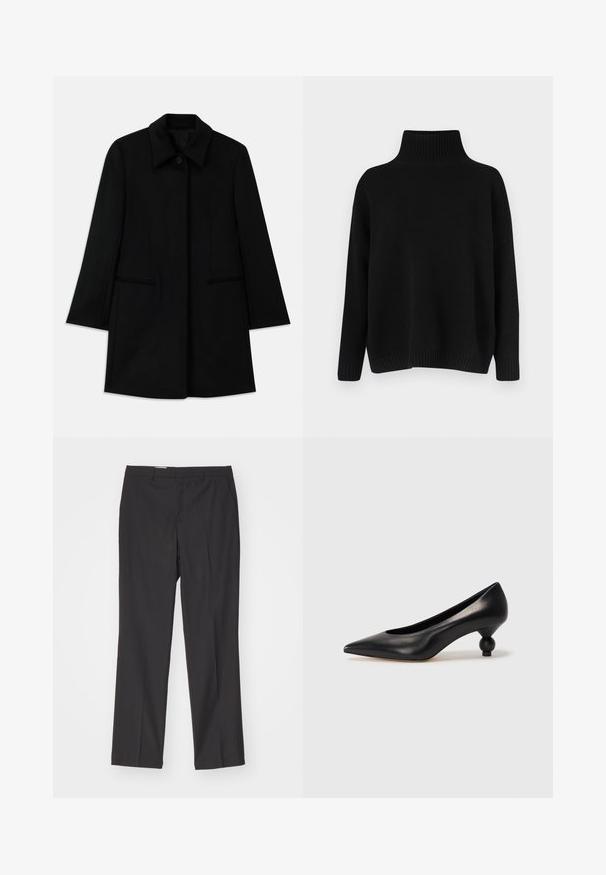 Čierny vlnený kabát s predným zapínaním na gombíky, širokým golierom a dvoma bočnými vreckami. Má rovný strih a hladkú textúru.; Čierny pletený sveter s vysokým žebrovaným golierom, spustenými ramenami a voľným strihom. Má žebrované manžety a lem pre textúru.; Čierne nohavice s rovnými nohavicami, so šitím na mieru, obsahujúce pútka na opasok a hladkú textúru, vyrobené z ľahkého materiálu.; Čierna kožená vysoká topánka na podpätku s ostrým špičkou a okrúhlym, guľatým podpätkom. Hladký povrch s moderným, minimalistickým dizajnom.