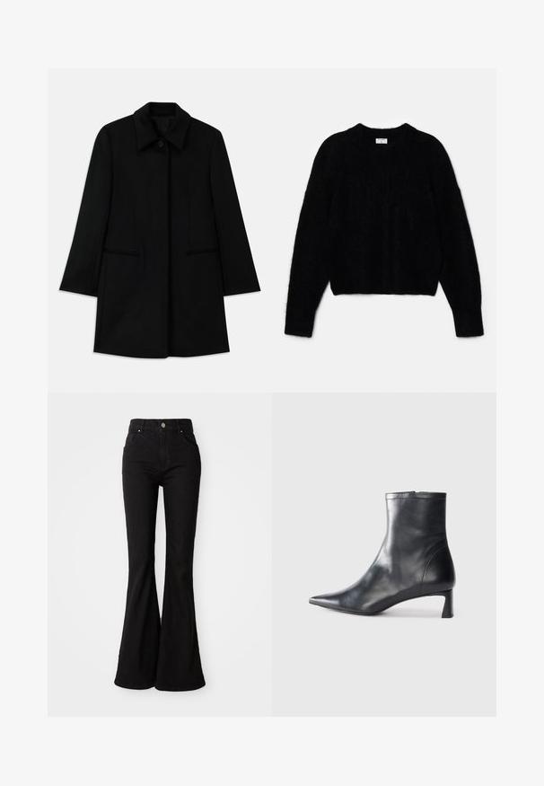 Fekete gyapjú kabát elülső gombos záródással, széles gallérral és két oldalsó zsebbel. Egyenes szabású és sima textúrájú.; Fekete, rövidített pulóver bolyhos anyagból. Kerek nyakkivágással és hosszú ujjakon puha tapintású. Minimális design, minta nélkül.; Fekete bő szárú farmernadrág, magas derékkal, gombos záródással és klasszikus öt zsebes dizájnnal. Simalevelű textúra és egyszínű megjelenés.; Fekete bőr bokacsizma hegyes orral és letisztult dizájnnal. Alacsony sarka és hátsó cipzáras záródása van. Simának tűnő textúra.