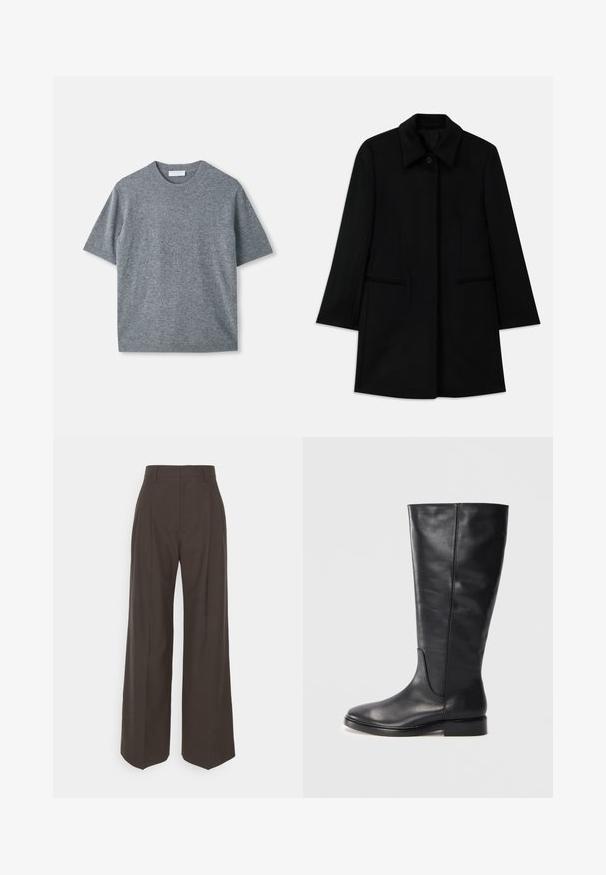 Fekete gyapjú kabát elülső gombos záródással, széles gallérral és két oldalsó zsebbel. Egyenes szabású és sima textúrájú.; Rövid ujjú, szürke pulóver, puha, könnyű anyagból. Kerek nyaka, bordázott mandzsetták és alj. Sima textúrájú, finom kidolgozással.; Sötétbarna, bő szárú nadrág magas derékkal, tisztán vasalt redőkkel, sima textúrával és testhez simuló fazonnal.; Fekete, térd fölé érő bőrcsizma alacsony sarokkal és kerek orral, amelyen varrási részletek láthatók a szár és a felsőrész mentén.